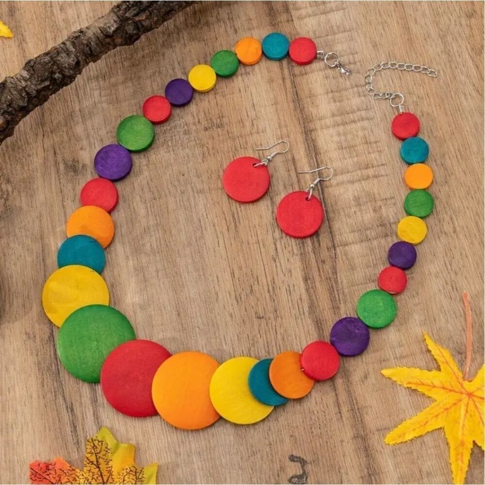 Rainbow multicolor Wood necklace red earrings set